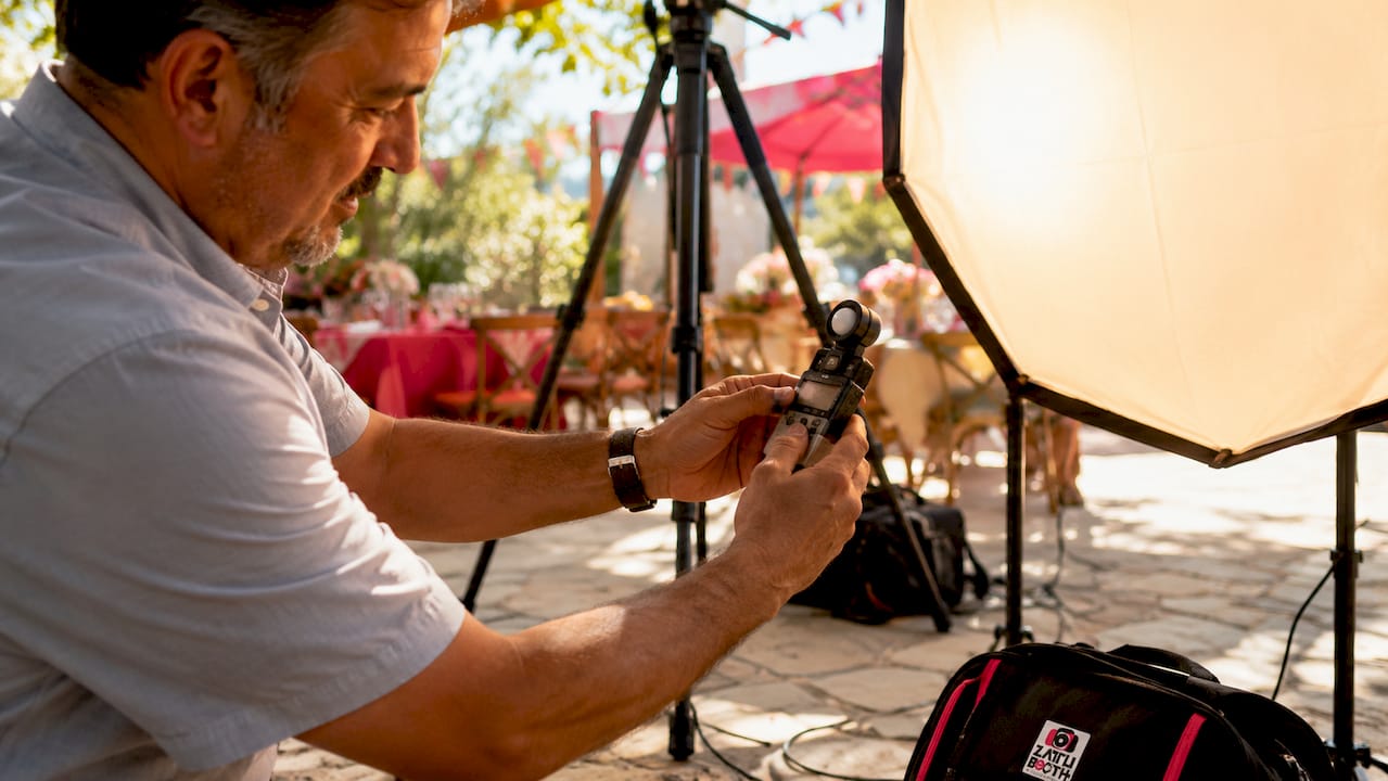 Technician measuring light color temperature near ring light