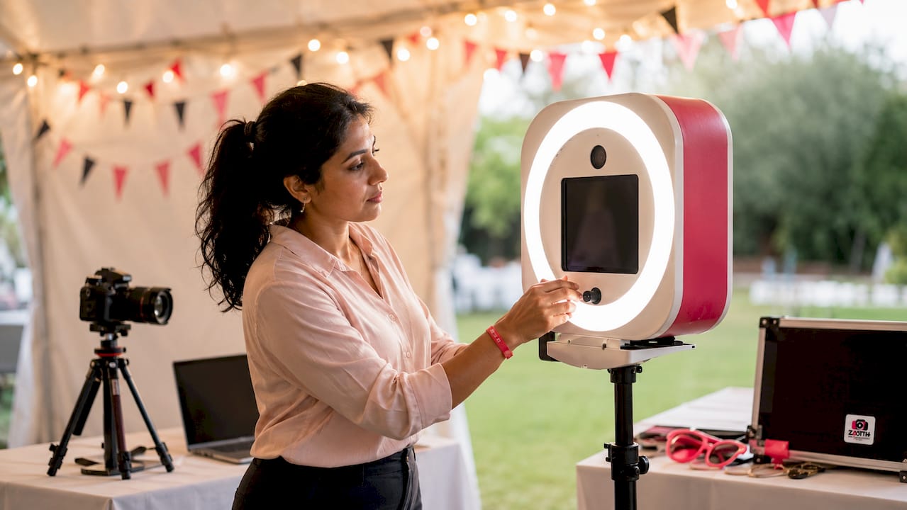 Female photographer adjusting photo booth ring light