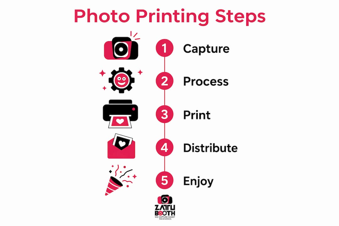 Infographic illustrating steps for instant photo printing parties