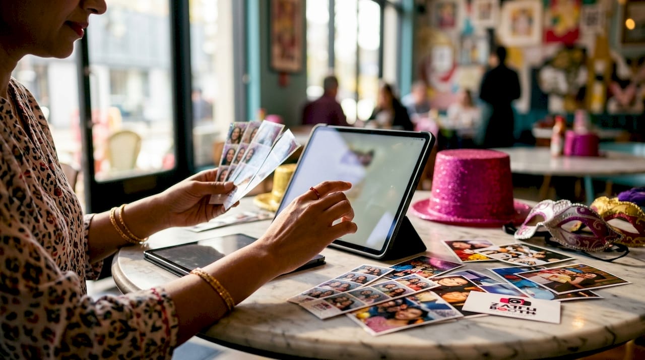 Wedding planner arranging photo prints and tablet at office table