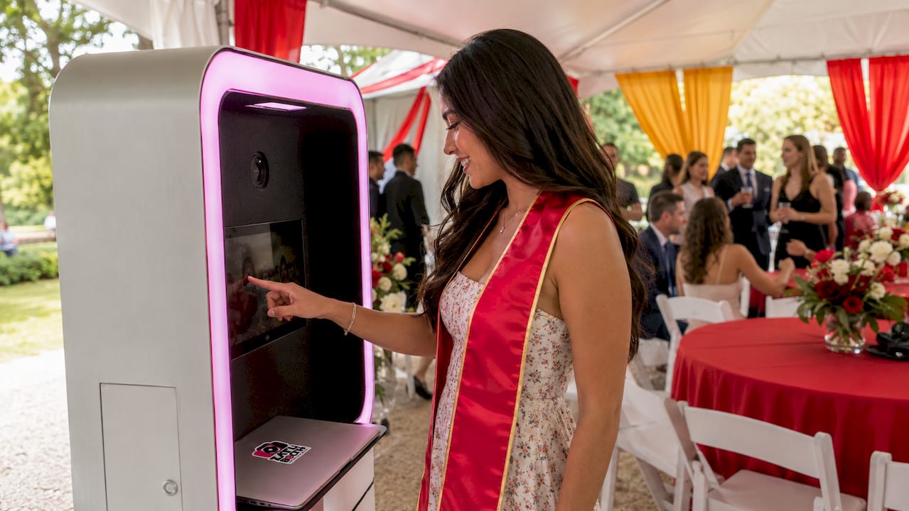Graduate interacting with enclosed photo booth touchscreen
