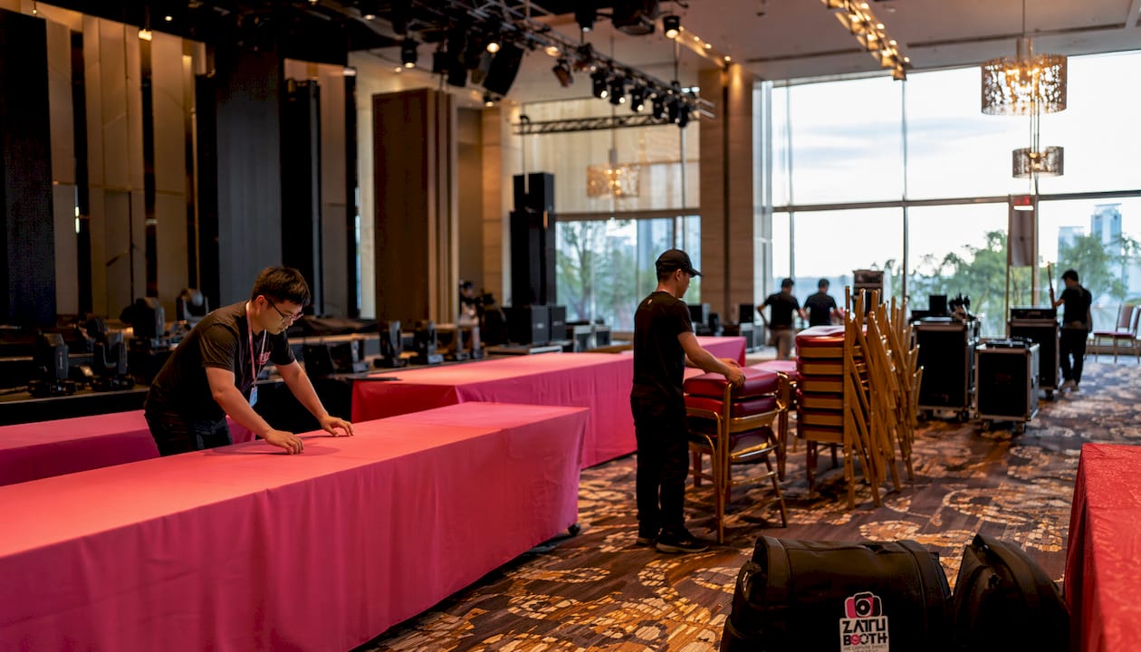 Conference center ballroom event setup view