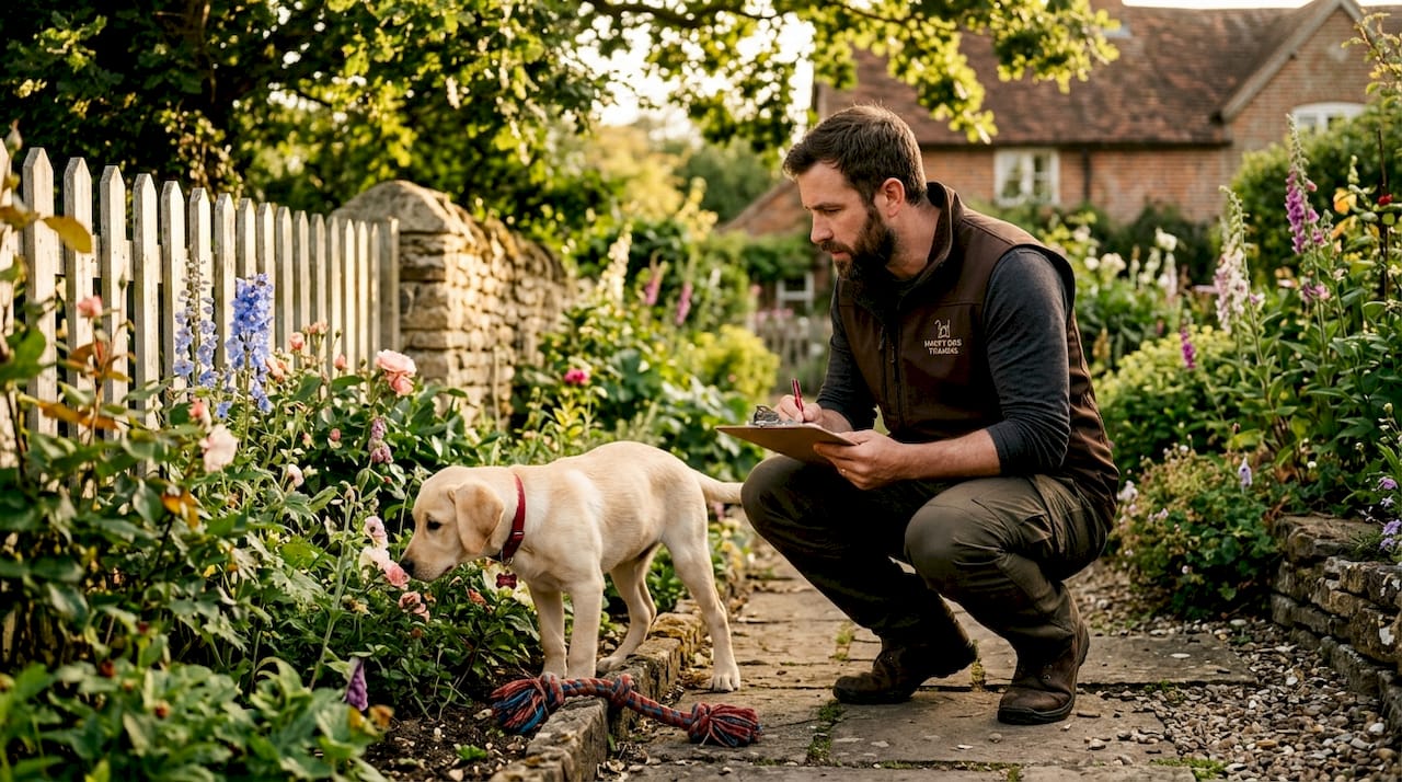 Animal behaviorist observing dog in backyard