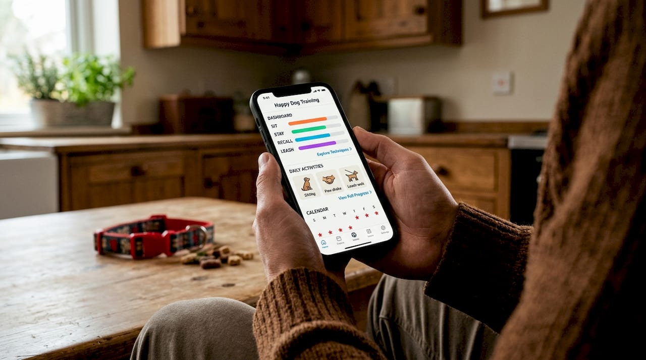 Smartphone showing dog training app progress