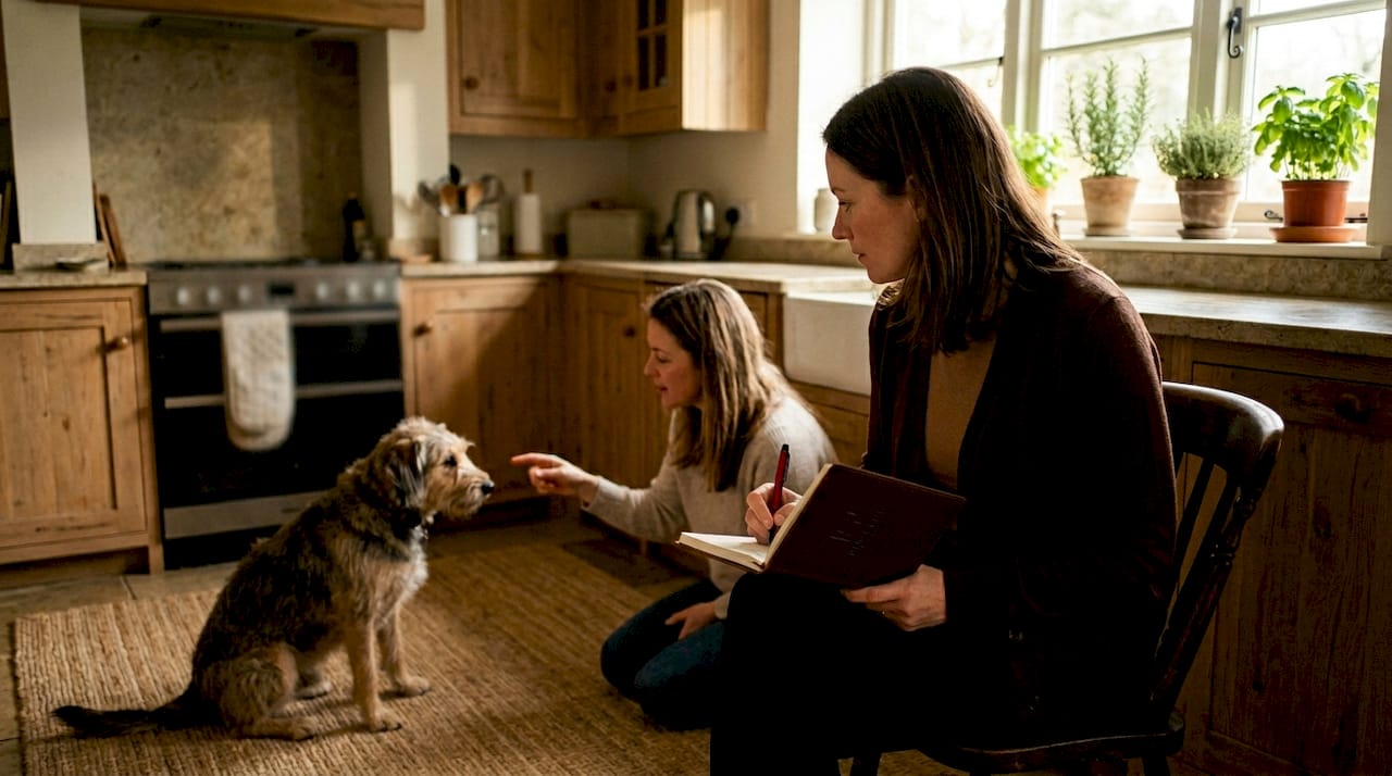 Certified animal behaviorist consulting dog and owner
