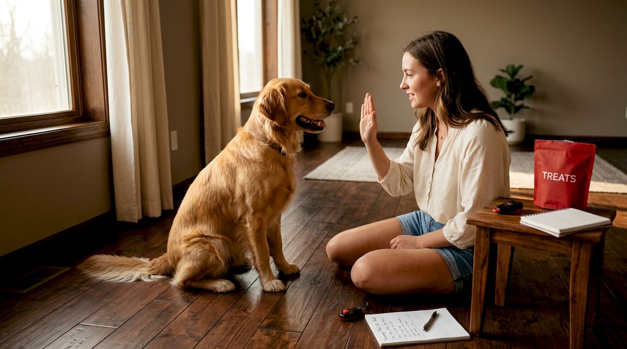Woman training a golden retriever at home