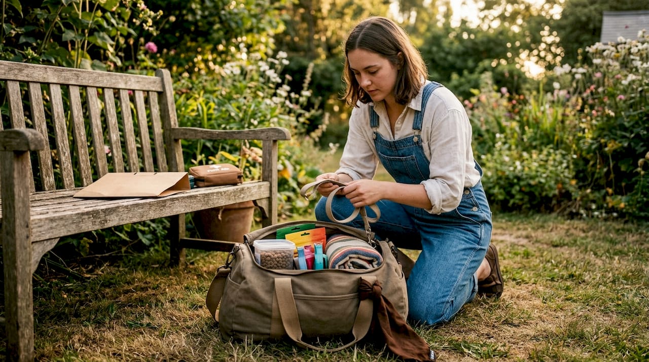 Woman packing dog boarding supplies in bedroom
