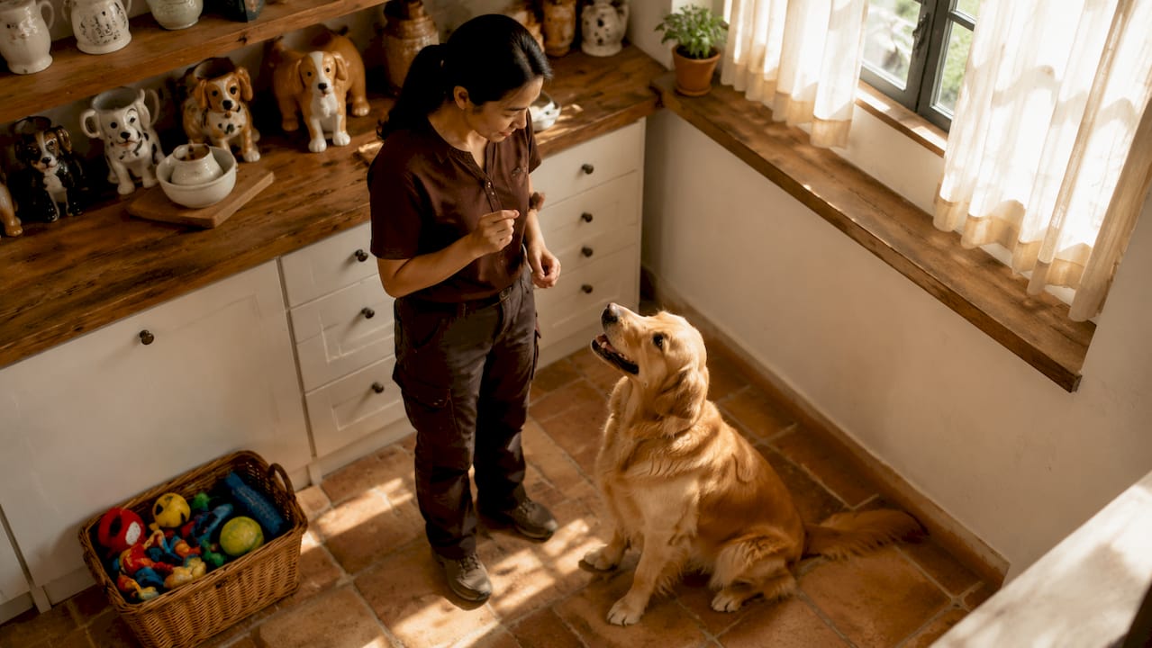 Trainer rewarding obedient golden retriever outdoors