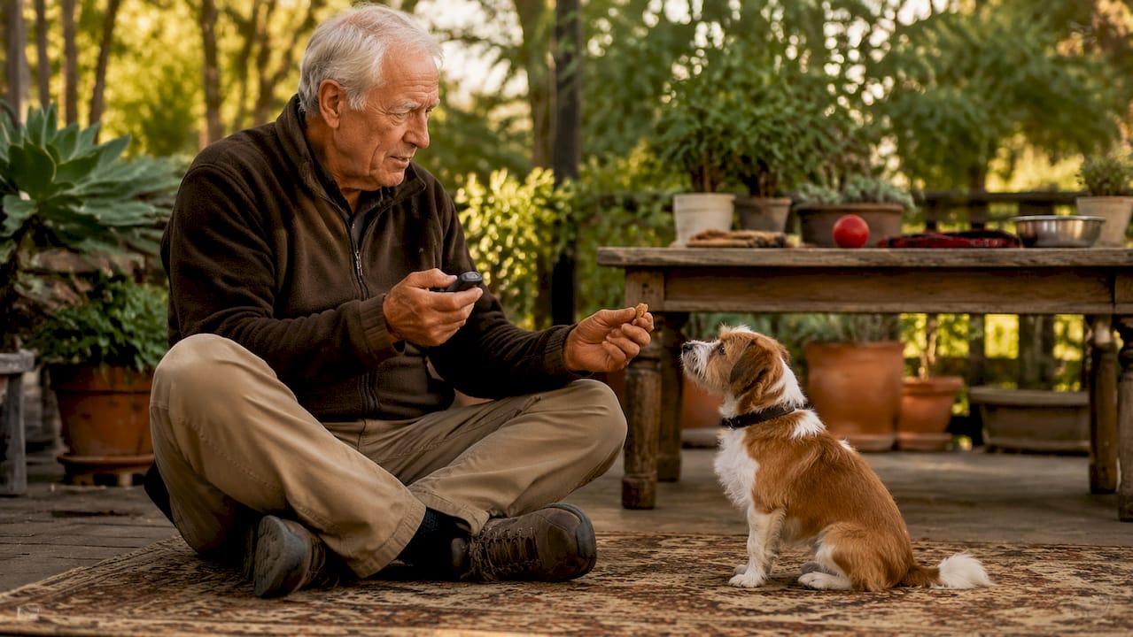 Owner clicker training small terrier indoors