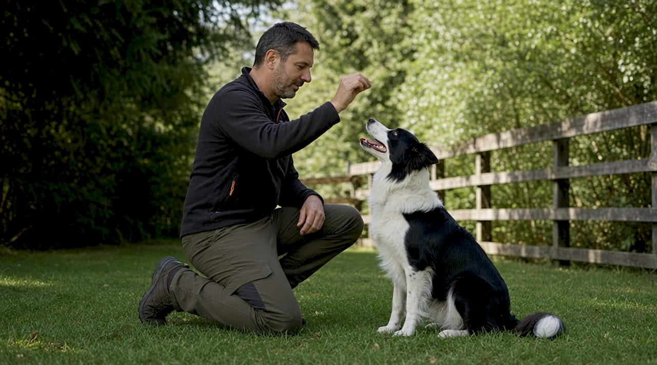 Dog trainer guiding dog during session