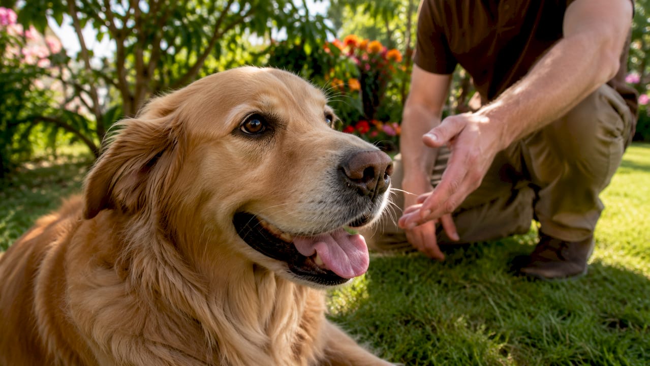 Golden retriever showing stress signs indoors
