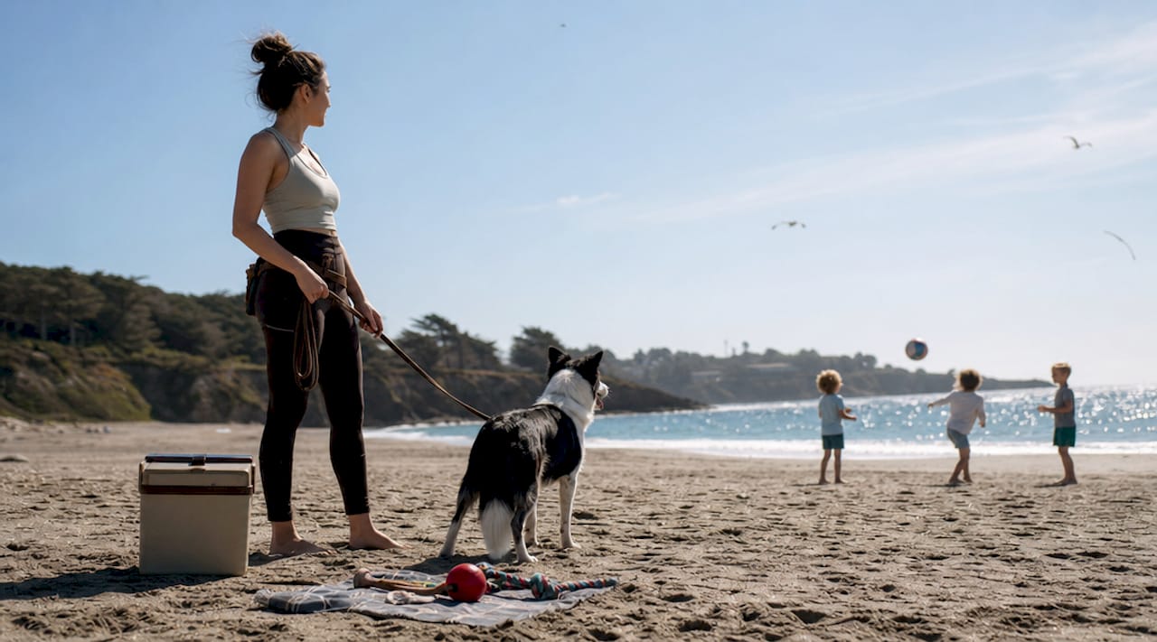 Dog trainer managing dog's threshold outdoors