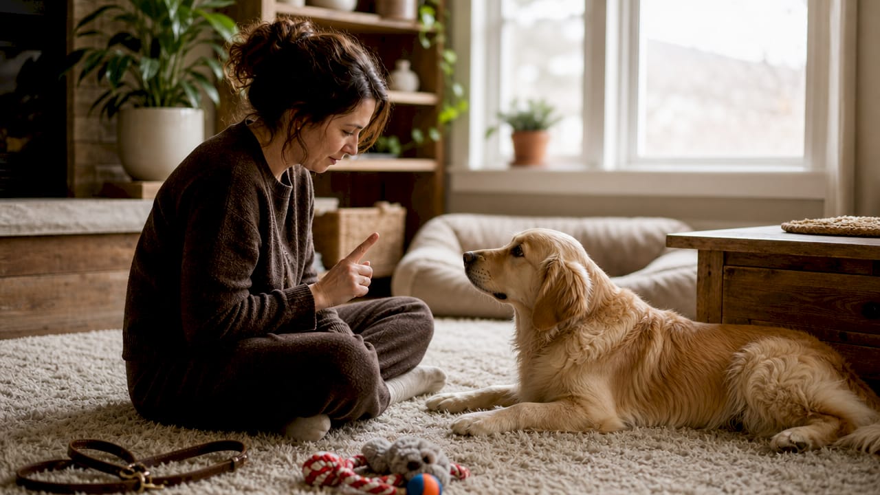 Owner practicing dog training exercises at home