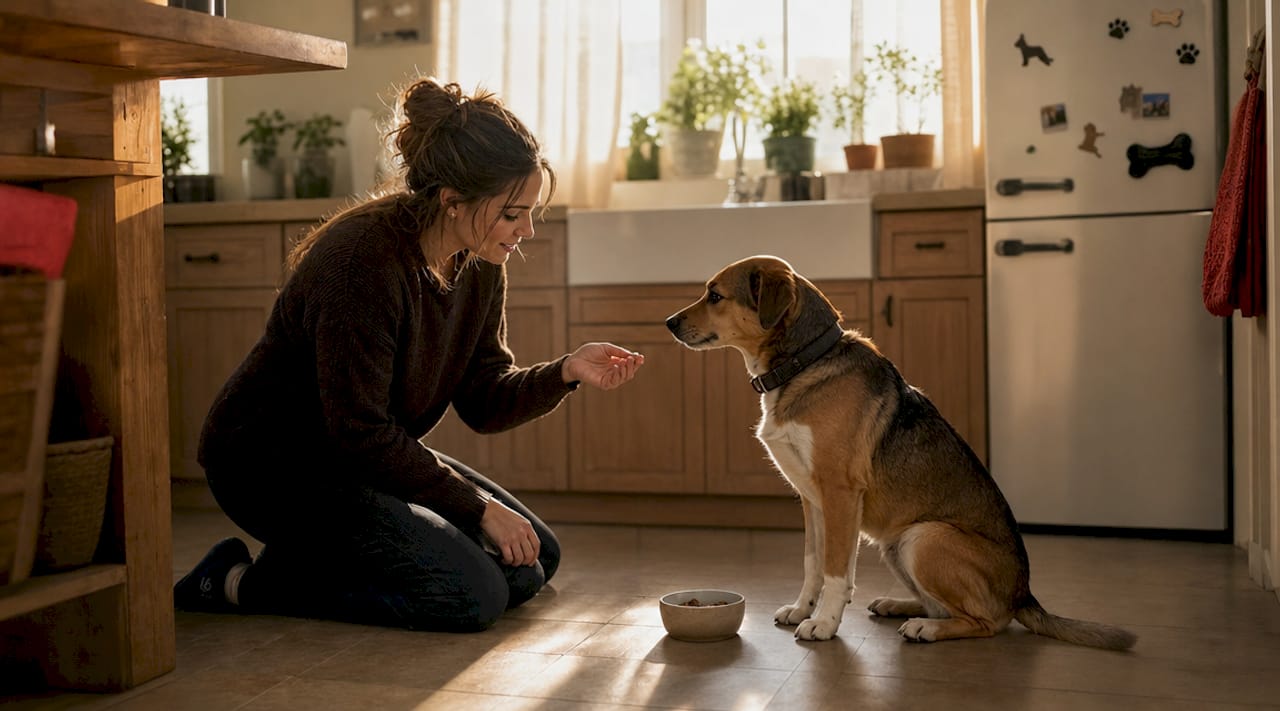 Dog trainer working with dog in home living room