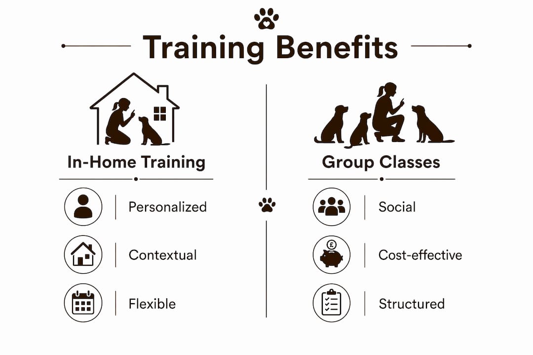 Infographic comparing in-home and group dog training benefits