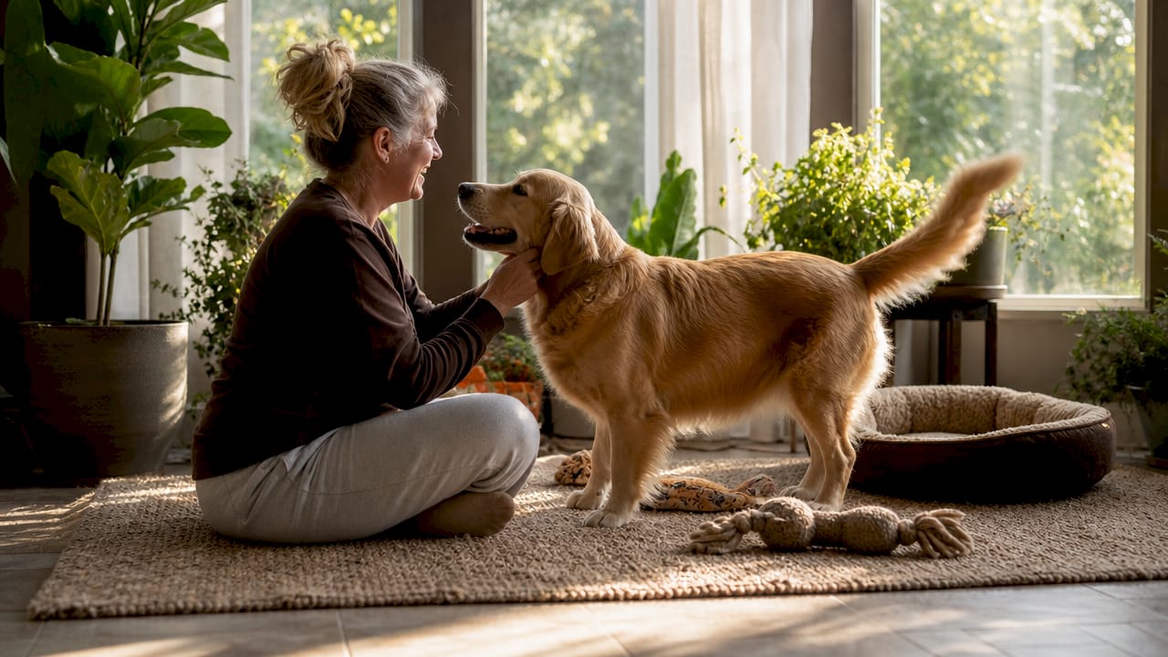 Woman petting dog showing tail communication