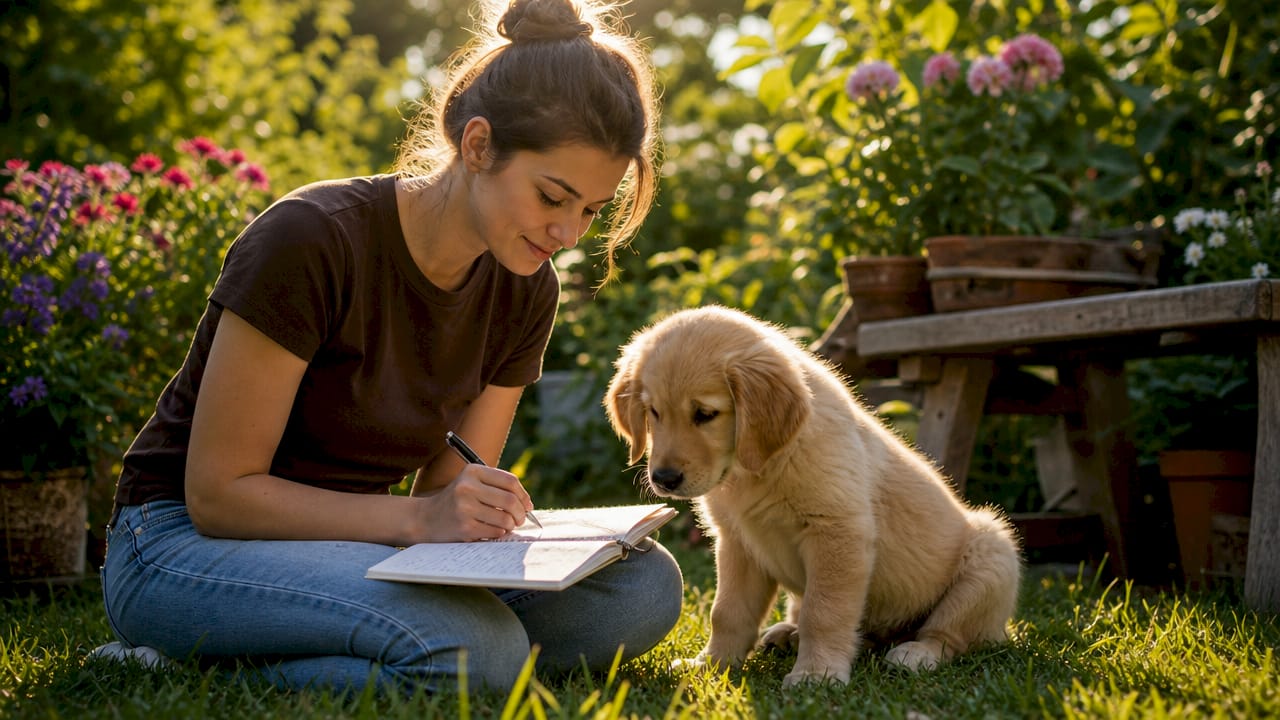 Owner preparing puppy's vaccination schedule at home