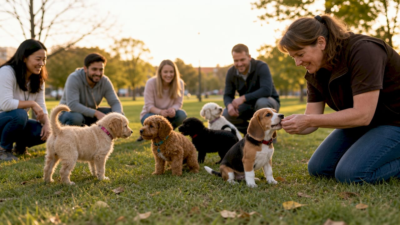Puppy socialisation class with trainer and owners