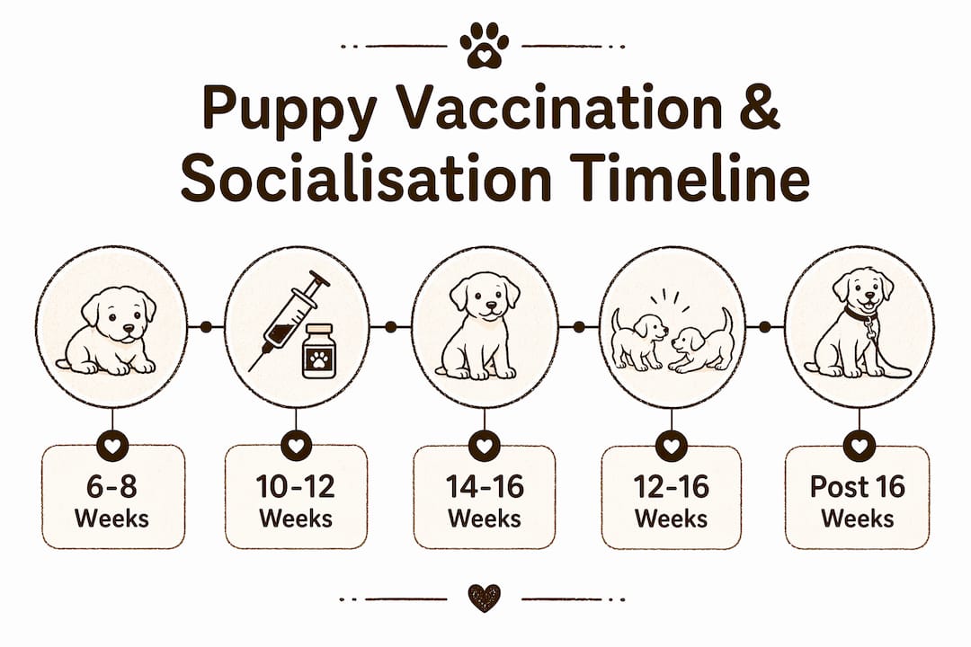 Infographic illustrating puppy vaccination and socialisation timeline