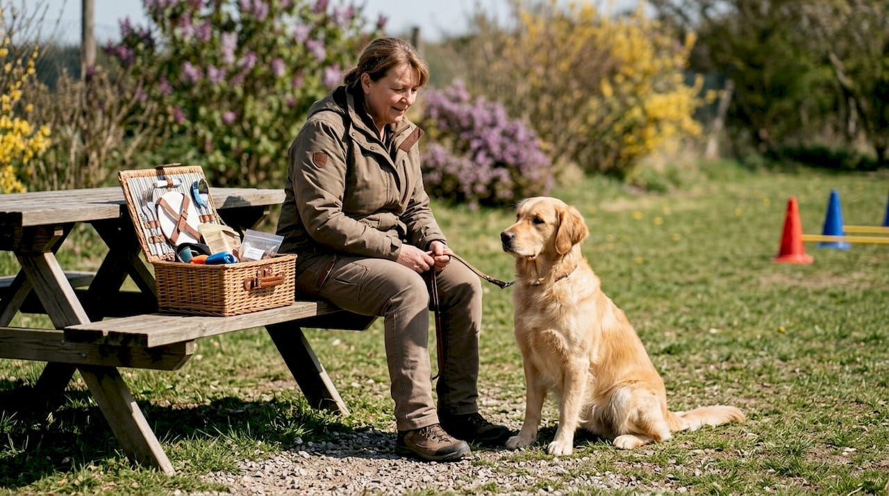 Dog trainer conducting residential dog training outdoors
