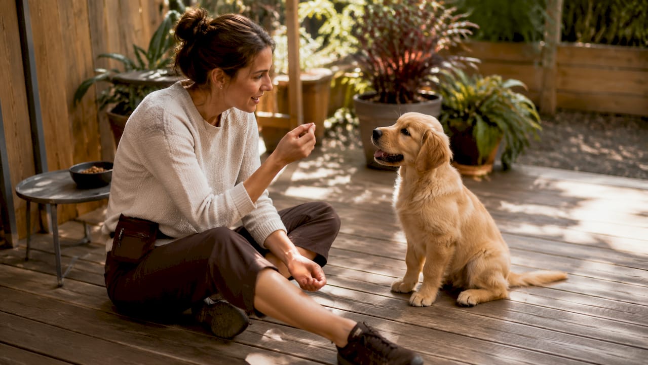 Trainer working with puppy in living room