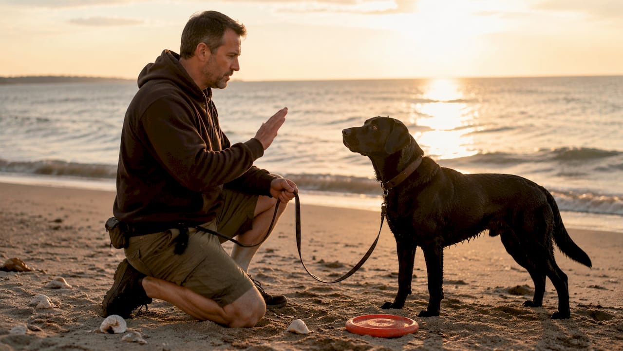 Man training dog outdoors on grass and pavement