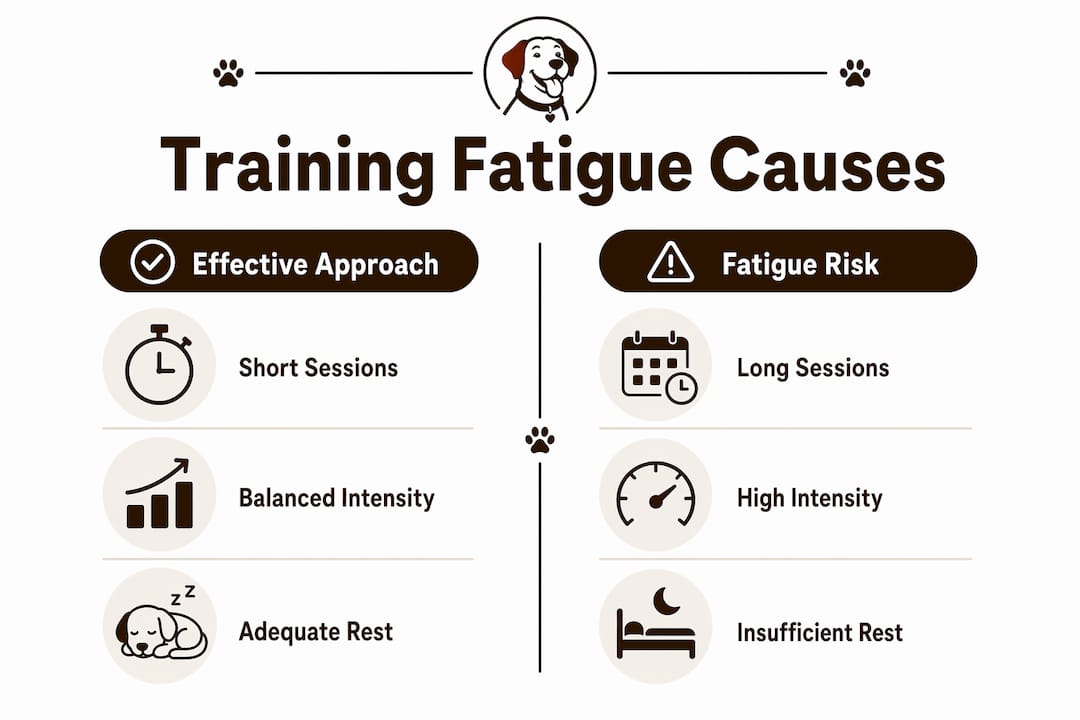 Infographic comparing effective dog training approaches and fatigue risks