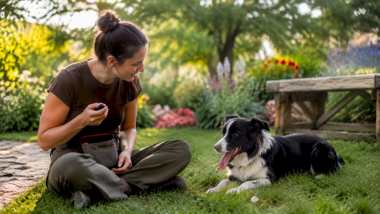 Dog trainer observing fatigued Border Collie outdoors