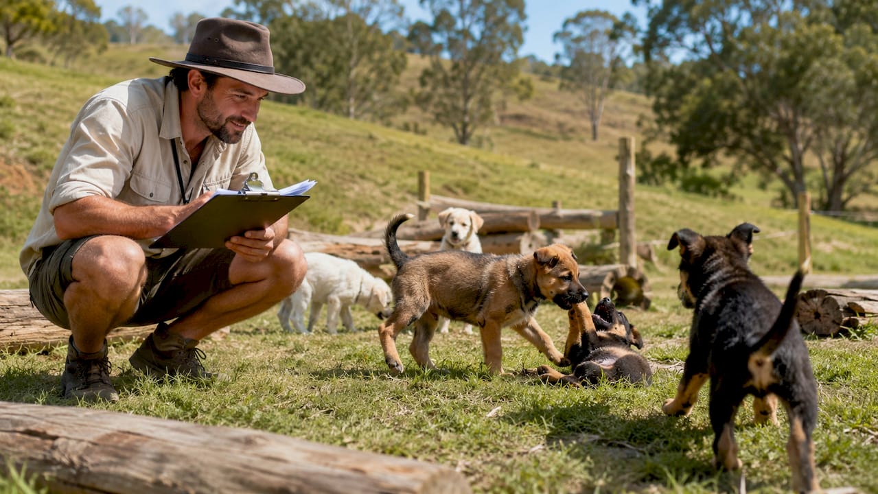 Trainer observing puppies playing outdoors