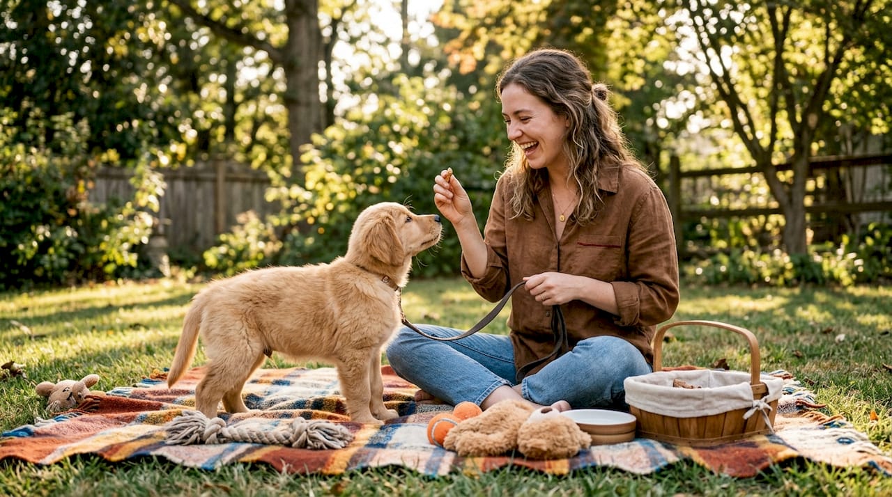 Owner training puppy indoors with treats