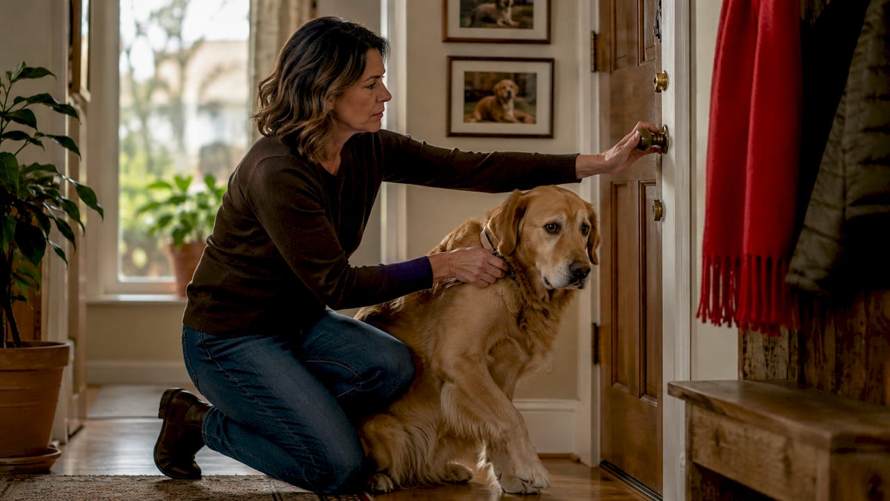 Woman comforting anxious dog before leaving home