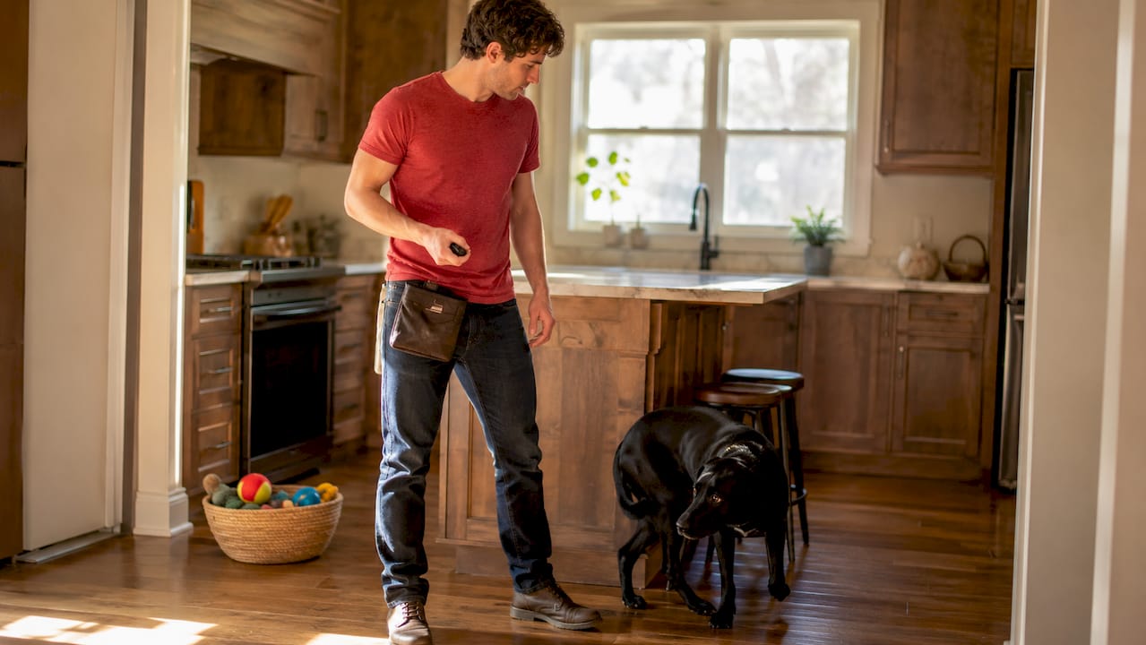 Man watching anxious dog pacing near door