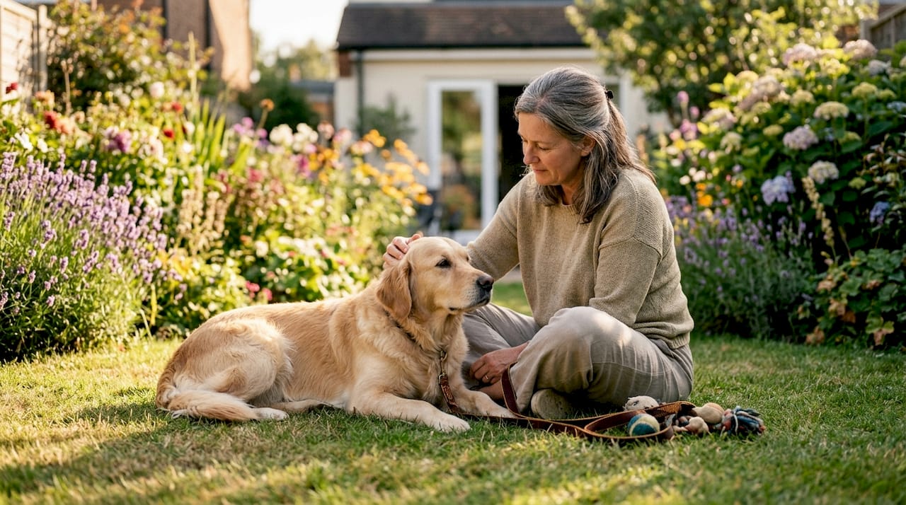 Woman calmly leaving home with relaxed dog