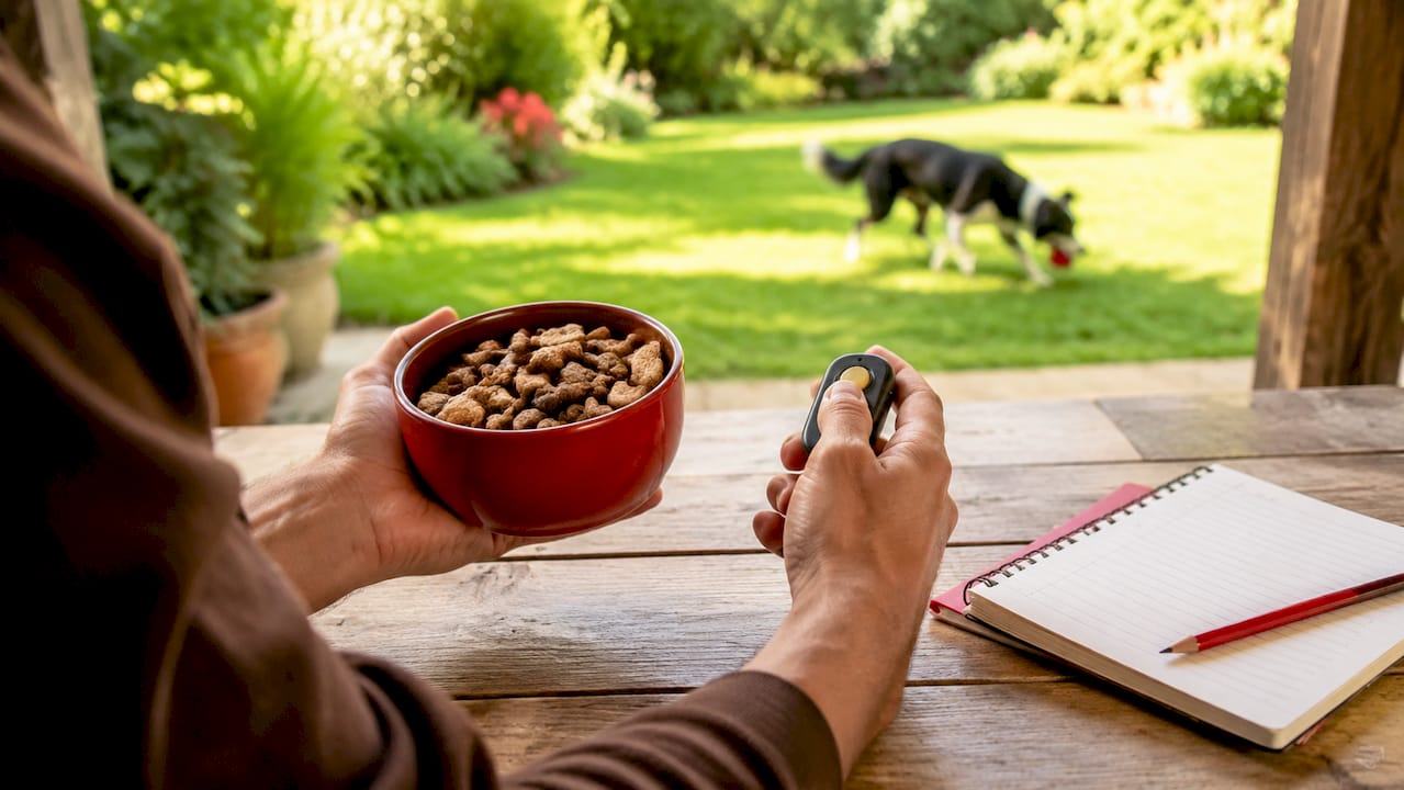 Hands holding clicker and treats for dog training
