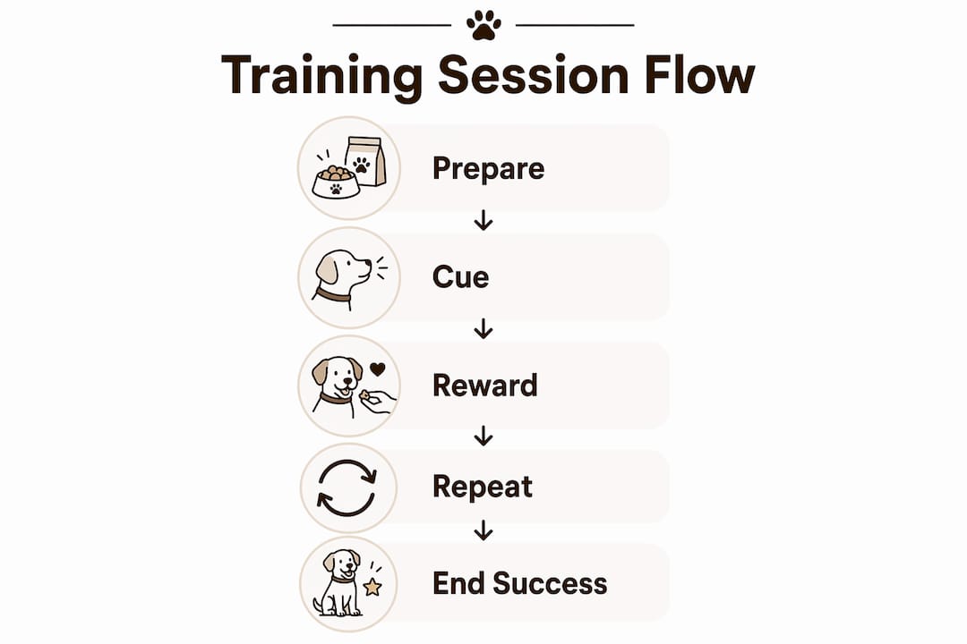 Infographic showing daily dog training session steps