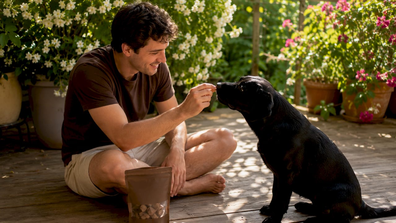 Dog owner marking dog’s behavior outdoors