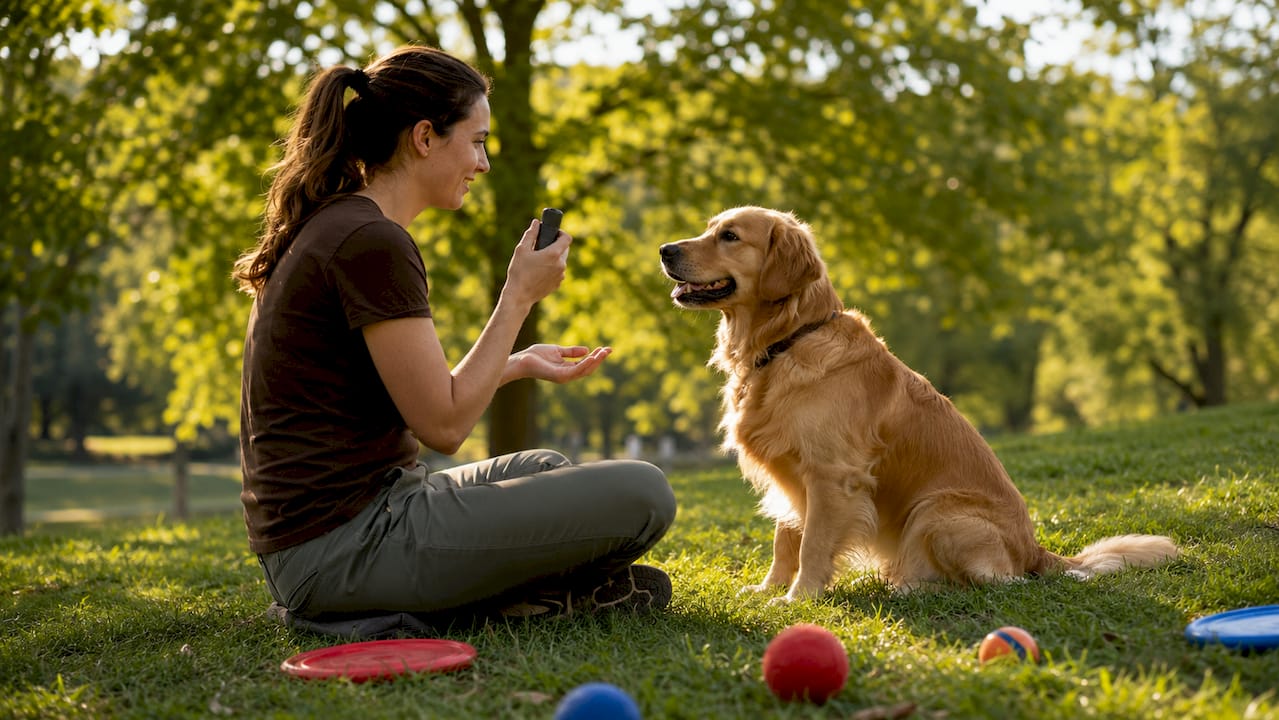 Owner practicing marker training with dog indoors