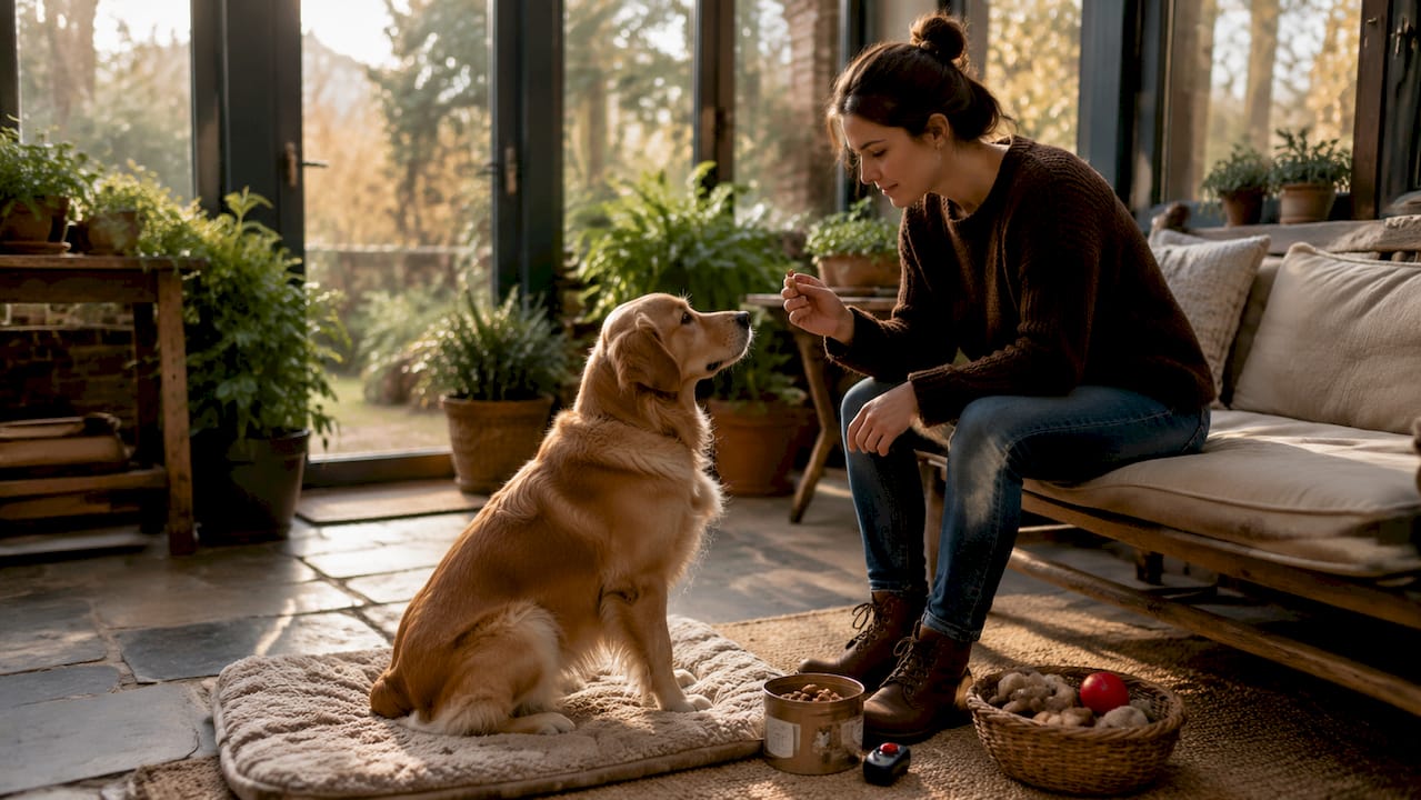 Woman training golden retriever to stay calm and independent