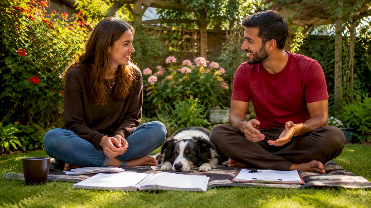 Couple patiently preparing dog training at home