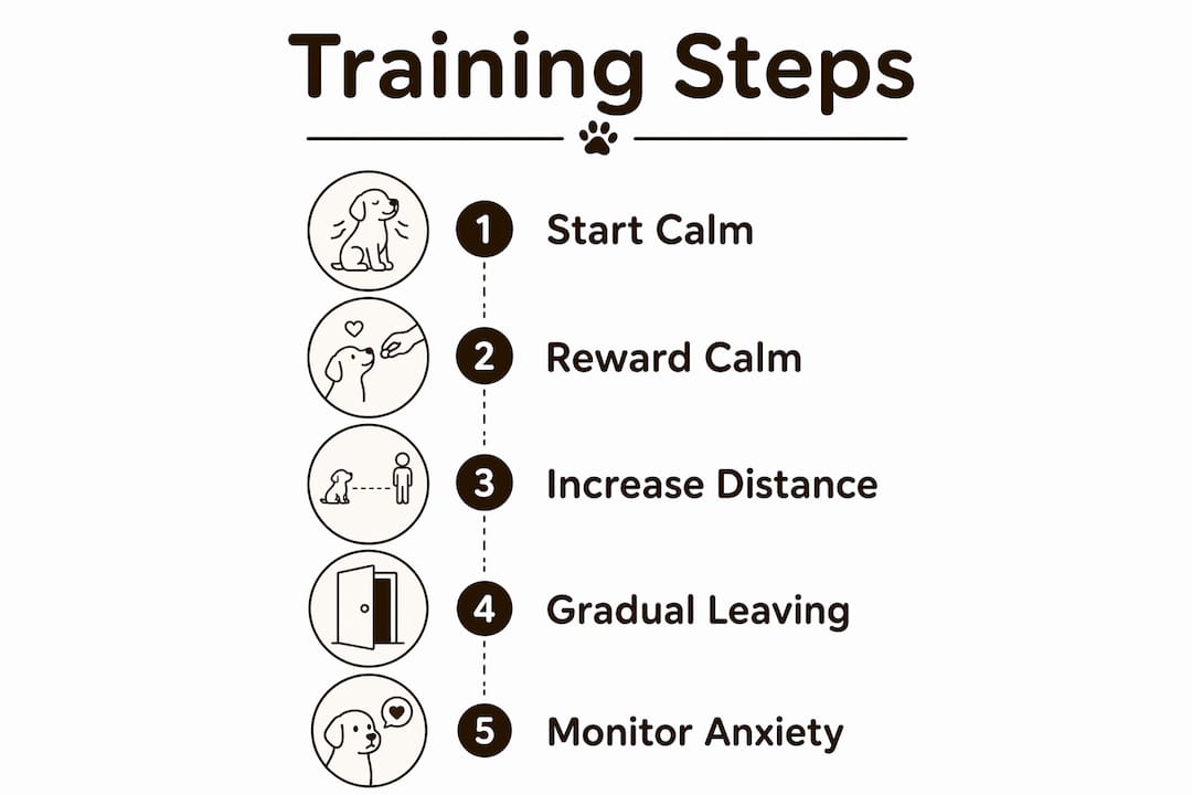 Infographic illustrating dog independence training step-by-step