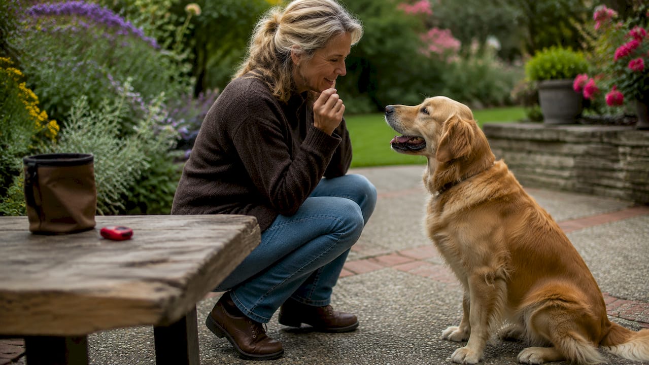 Woman training golden retriever to sit in living room