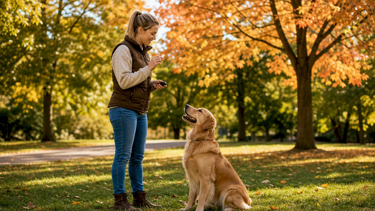 Woman training golden retriever outdoors