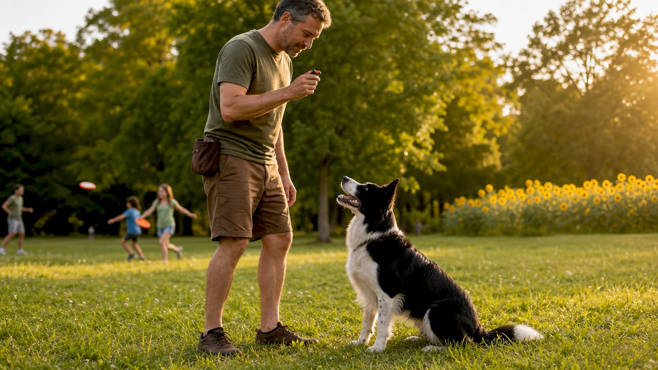 Man using clicker to train border collie