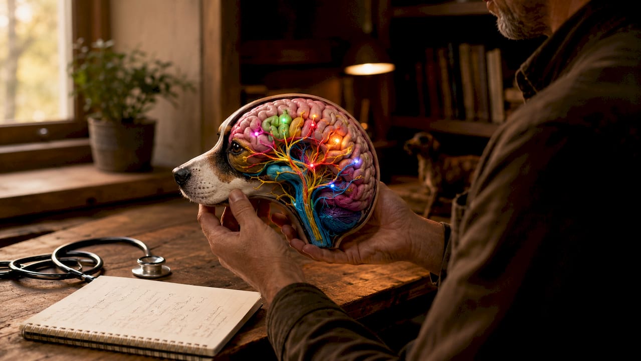 Hands holding dog brain model showing neural pathways