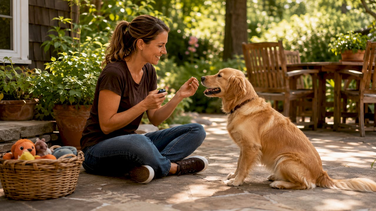 Trainer using clicker with dog indoors