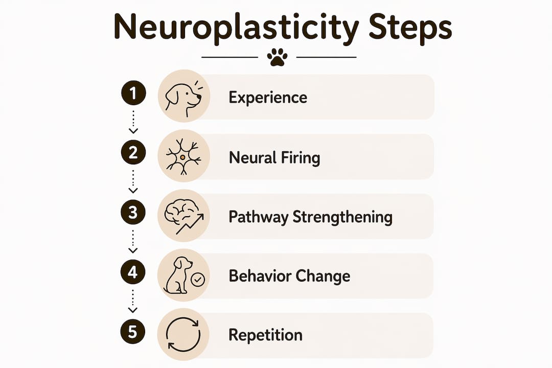 Infographic illustrating neuroplasticity process in dog training