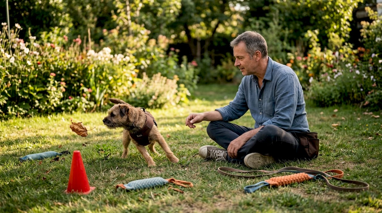 Man training distracted dog in kitchen
