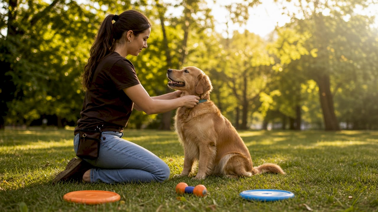 Woman training dog at home on carpet