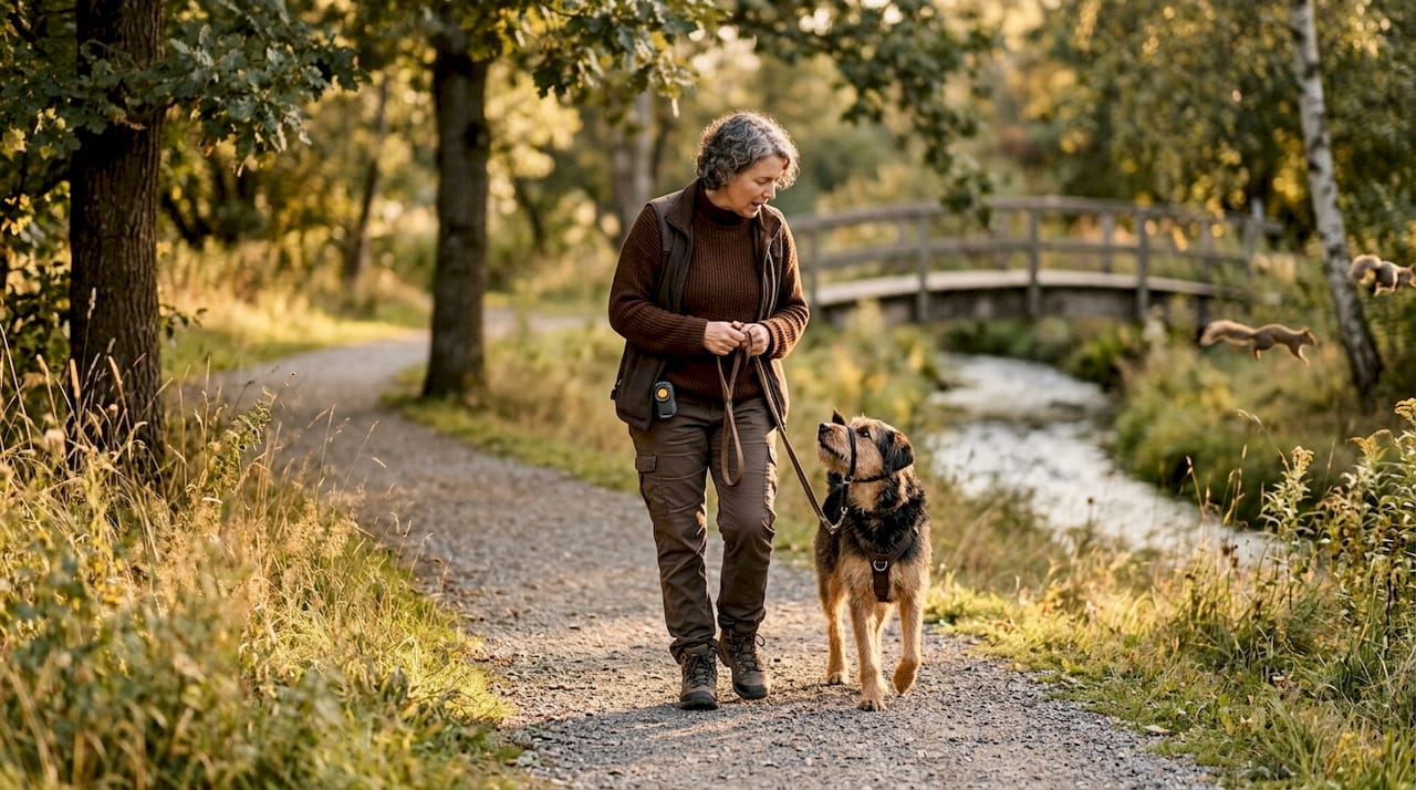 Trainer guiding reactive dog on suburban trail