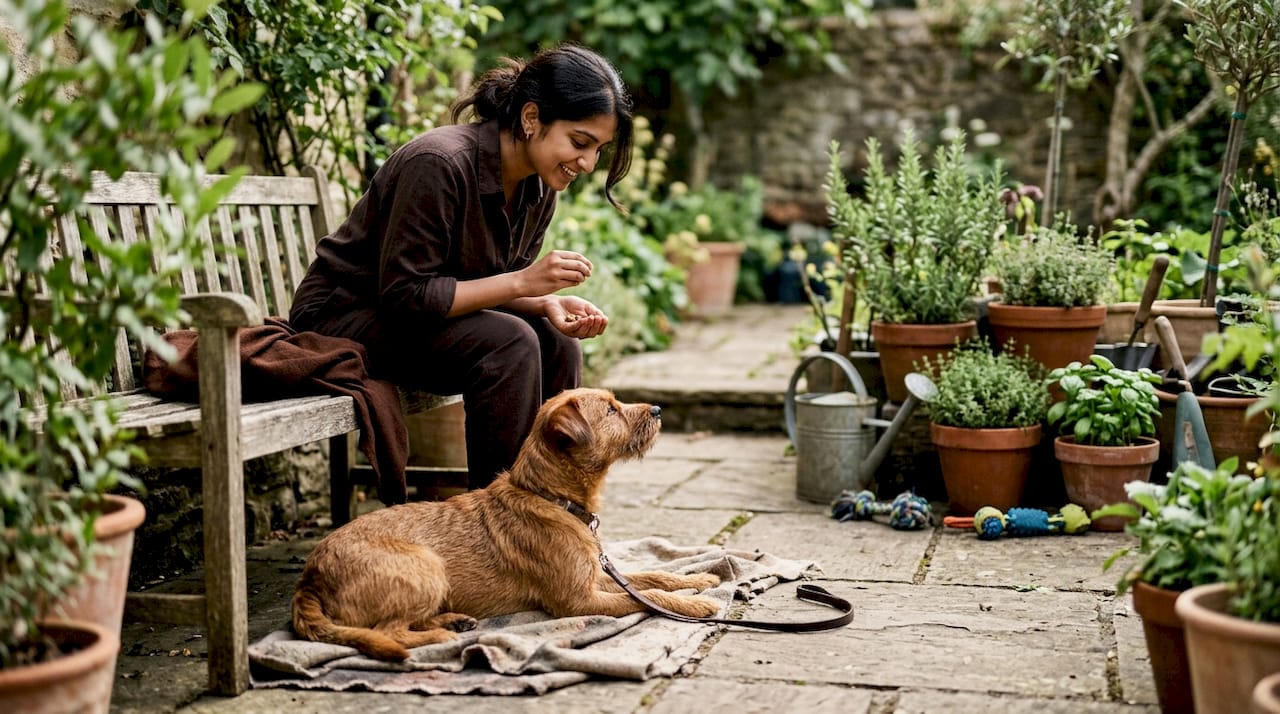 Owner giving treats to calm reactive dog indoors